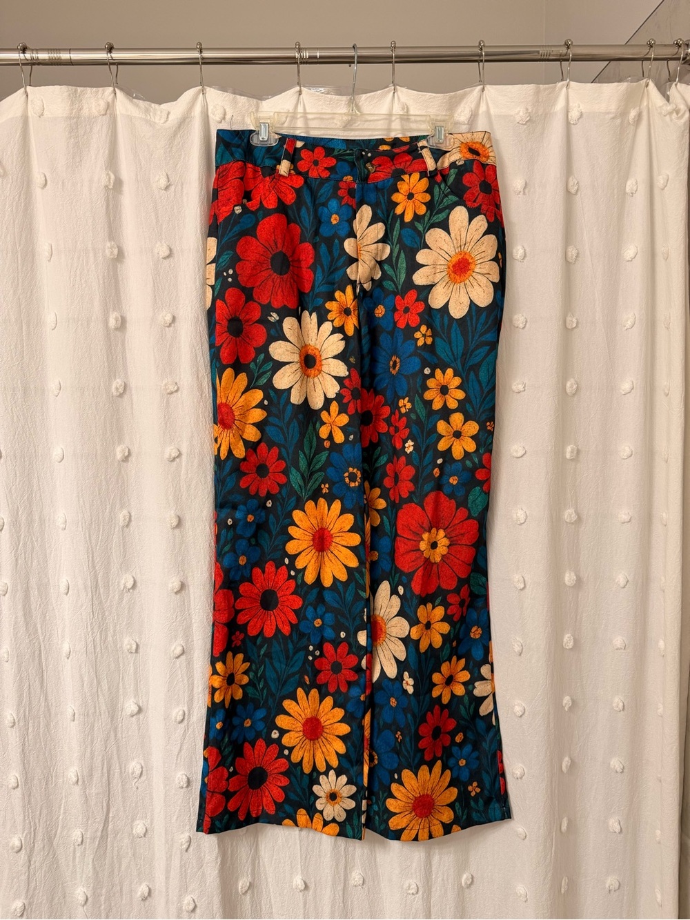 Bold Floral Wide-Leg Pants in Blue with Red, Yellow & Cream Flowers
